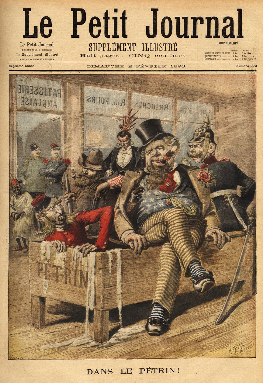 イギリスに関する漫画。フランス語とロシア語は、英語が外交問題を蓄積するため、そのドイツの同盟国と、ペトリンで、英語で笑って、英語のペストリーショップの入り口を持っていますが、ベネズエラの事件以来、外交的なブレークの賭けをマークする 作： 無名の画家