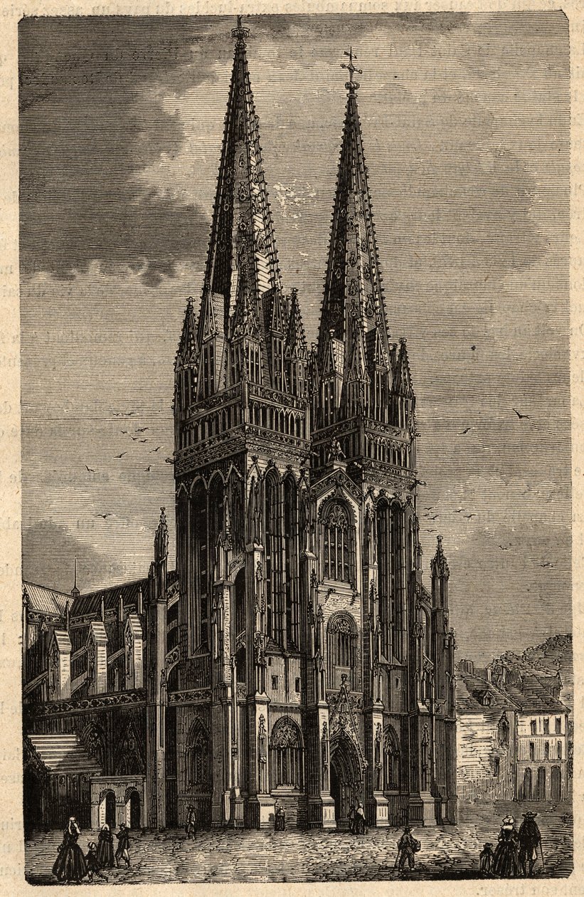 カンペールのサン・コランタン大聖堂 - Cathedrale Saint-Corentin de Quimper - "PATRIE" の刻印 - DESCRIPTION PECTUREQUIREQUE DE LA FRANCE EN 6 VOLUES BY LUCIEN HUARD - 19世紀末 作： 無名の画家