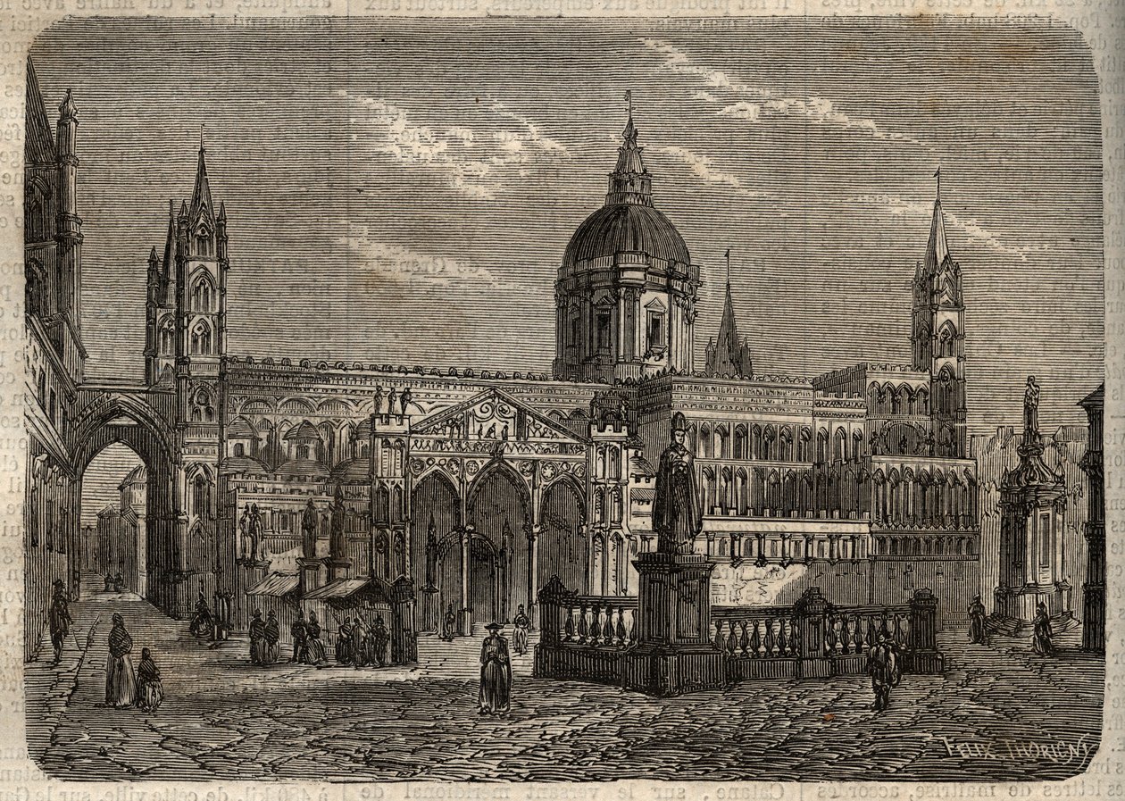 Cathedrale de Palermo - Duomo di Palermo - Palermo Cathedral - engraving in "Dictionnaire populaire illustrious" - 1864 - by Joseph Decembre and Edmond Allonier -. 作： 無名の画家