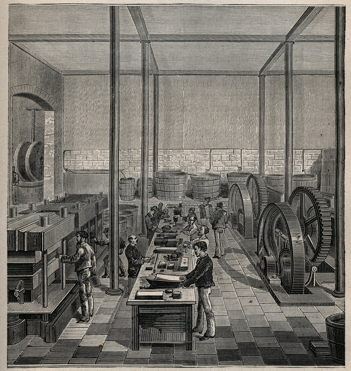セルロイド：セルロイドの製造。Adolphe BITARDの "Les arts et metiers illustres "に掲載された1885年の図版。 作： 無名の画家