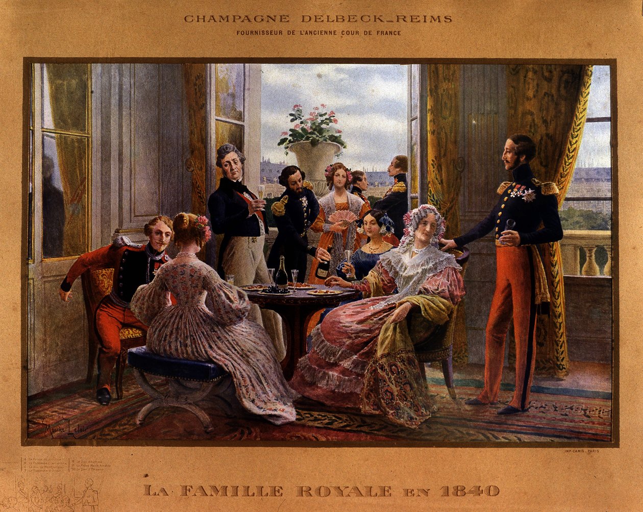 1840年に王室の食卓で供されたシャンパン - 「旧フランス宮廷のサプライヤー」デルベック社のシャンパンの広告ポスター（19世紀後半 作： 無名の画家