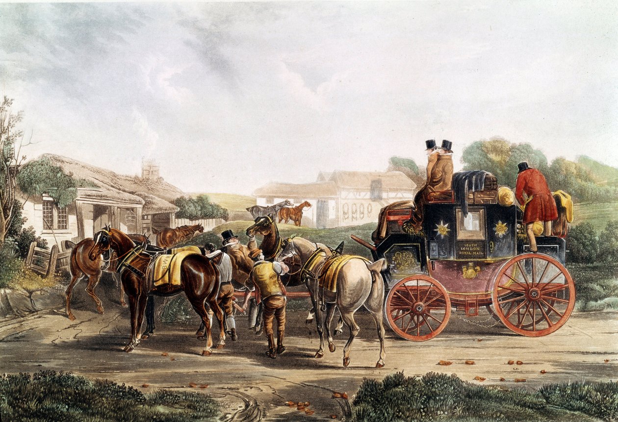 馬車での旅の途中、宿屋でのつなぎ替え。イギリスのエングレーヴィング。19世紀 個人蔵 作： 無名の画家