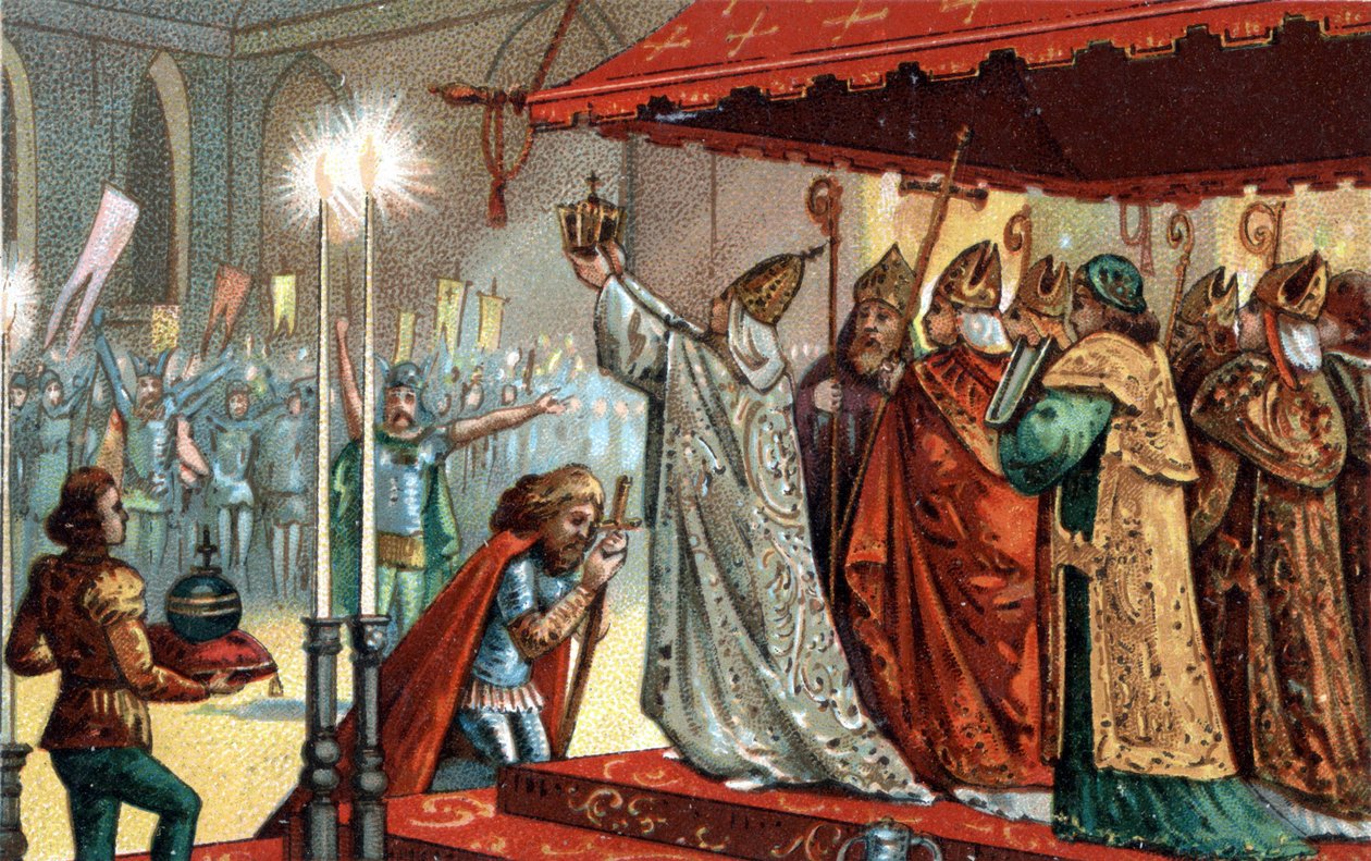 800年12月25日、ローマのサンピエトロ寺院で教皇レオ3世（c750-816）により戴冠されたシャルルマーニュ（742-814） - 800年、教皇レオ3世によるシャルルマーニュ（742-814）の聖別（戴冠式）。 作： 無名の画家