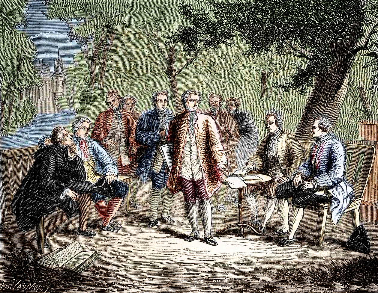 Charles de Secondat Montesquieu with the scientific cenacle at Castle Clairac, France - Le cenacle scientifique du chateau de Clairac: Montesquieu et le baron de Secondat, son, le chevalier de Vivens, Romas et les freres Dutilh - in "Album de la Science; i 作： 無名の画家