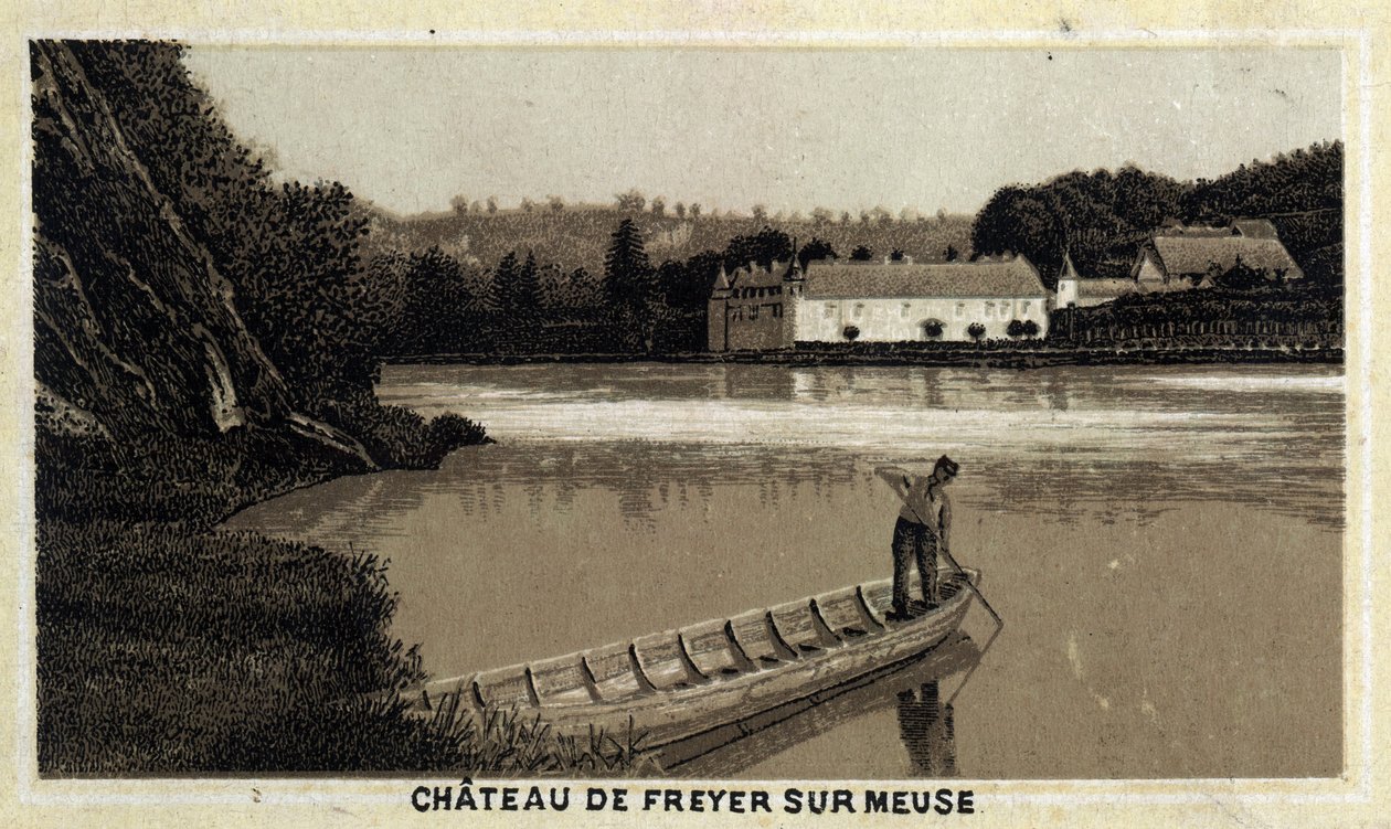 Chateau de Freyer sur Meuse (Freyer-Sur-Meuse), ベルギー。19世紀末のクロモリトグラフ。 作： 無名の画家