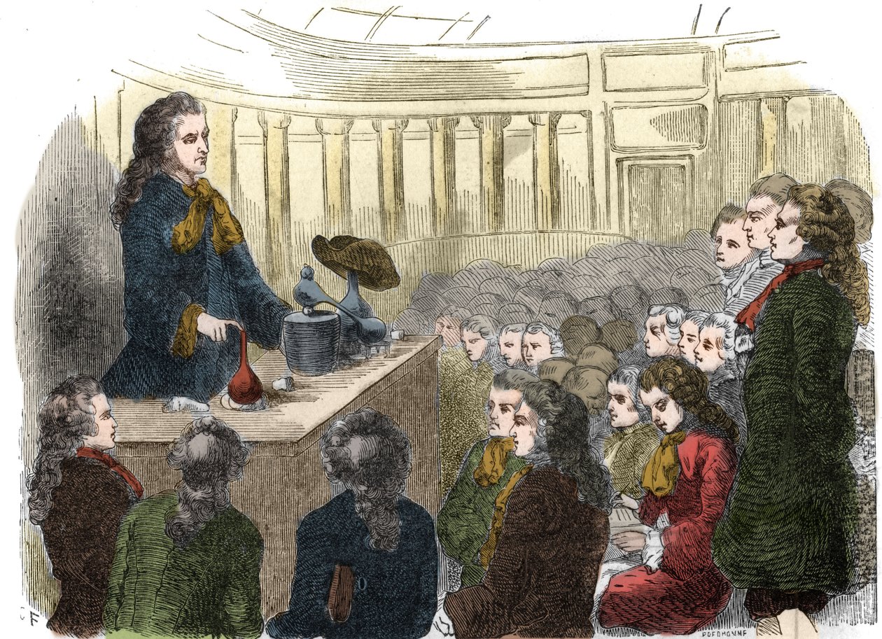 1744年、科学アカデミーで行われたフランスの化学者、ギヨーム・フランソワ・ルーエル（1703-1770）による化学の講義。1861年に描かれた版画。 作： 無名の画家