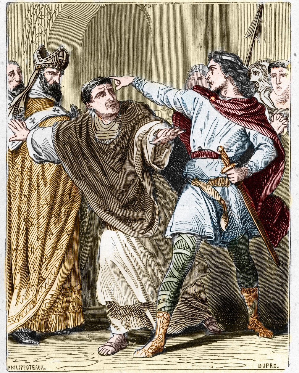 670年から673年までフランク王国の王であったチルデリック2世は、前夜祭のサン・レジェ（616〜675年）をリュクスイユ修道院に閉じ込めた。 作： 無名の画家