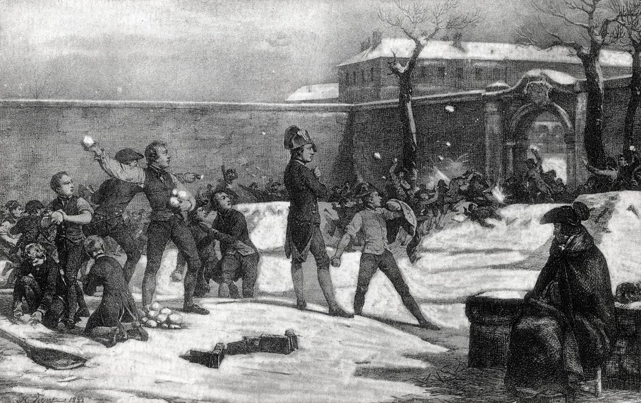 1782年、ブリエンヌ・ル・シャトー（夜明け）の軍事学校でのナポレオン1世・ボナパルト（1769 - 1821）の幼少期。子供たちの雪合戦の中にいるナポレオン。 作： 無名の画家