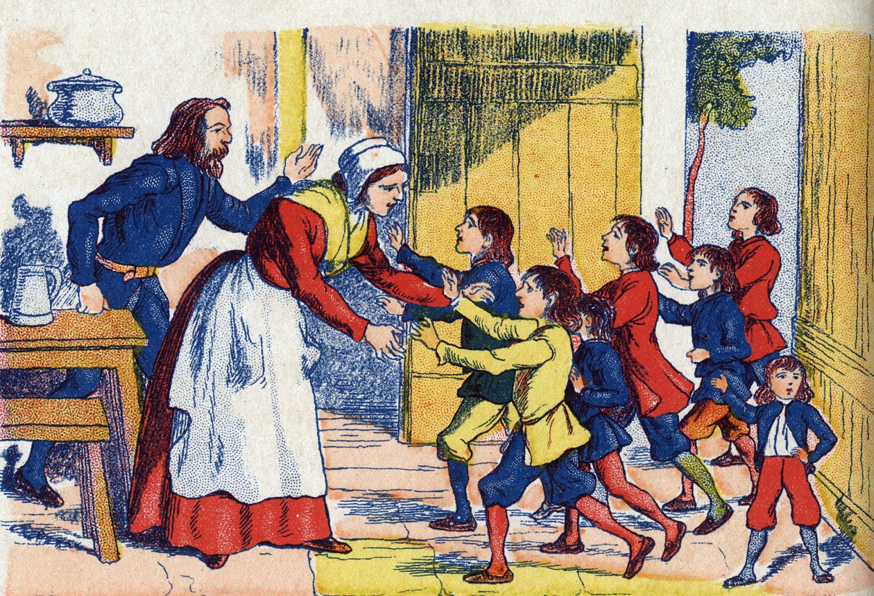 子供向けリターン、フランスの作家シャルル・ペロー（1628-1703）の物語「Le Pepetit poucet」のイラスト。匿名のイラスト。イメージ：Marcel Vagne, Jarville Nancy, undated (19世紀後半). 作： 無名の画家