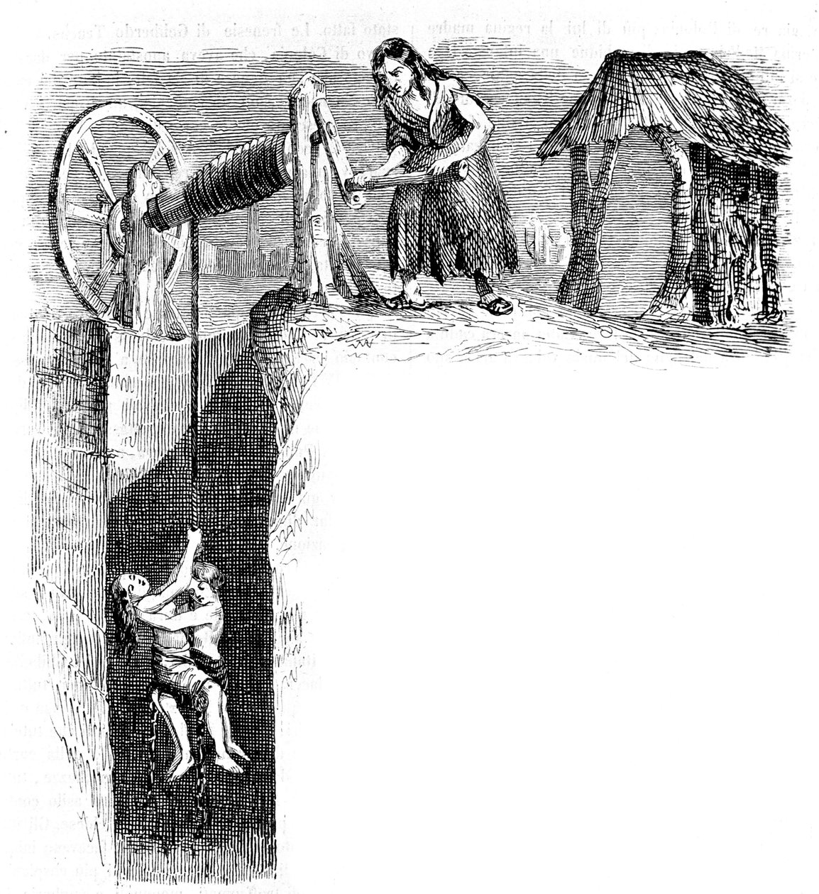 1840年頃、イギリスの炭鉱での子供たちの下山の様子。 作： 無名の画家