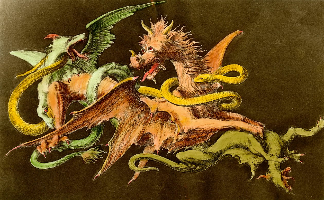 Chimeres 2匹のモンスターと戦うドラゴン。19世紀のエングレーヴィング。 作： 無名の画家