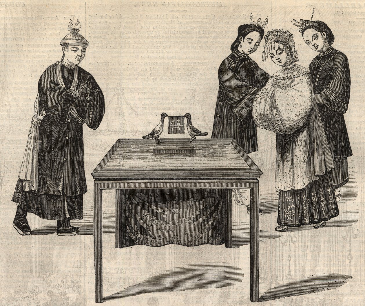 中国の習慣：結婚契約書に署名する。二人の配偶者の名前を書いたタブレットが、二羽の鳩と一緒にテーブルの上に置かれている。1857年2月14日の「The Illustrated London News」に掲載された図版。 作： 無名の画家