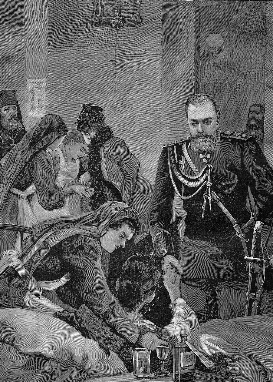 1892年のロシアにおけるコレラ：病院を訪れたロシア皇帝アレクサンドル3世と皇帝夫人マリア・フェオドーロヴナ（Maria Feodorovna, Imperor of Russia）。1892年のエングレーヴィング。 作： 無名の画家