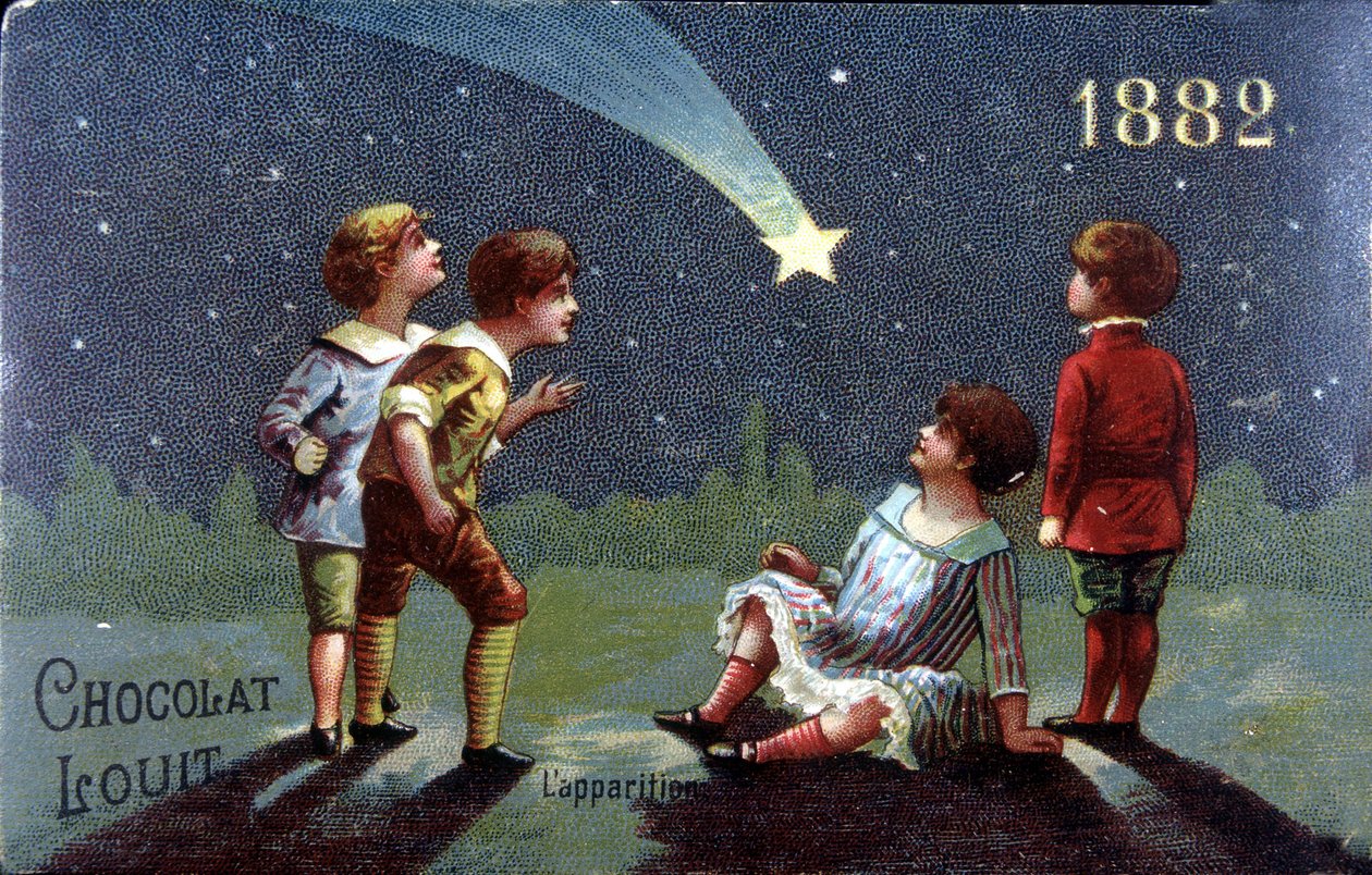 1882年のChocolat LouitのChromolithography。星の出現に願いをかける子供たち。 作： 無名の画家