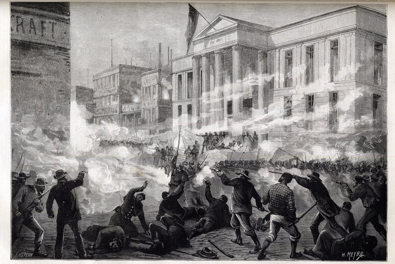 1884年のシンシナティ裁判所の暴動 - 1884年3月28日、悪名高い殺人事件の裁判の結果、過失致死の陪審員評決を受けて始まった暴動。 作： 無名の画家