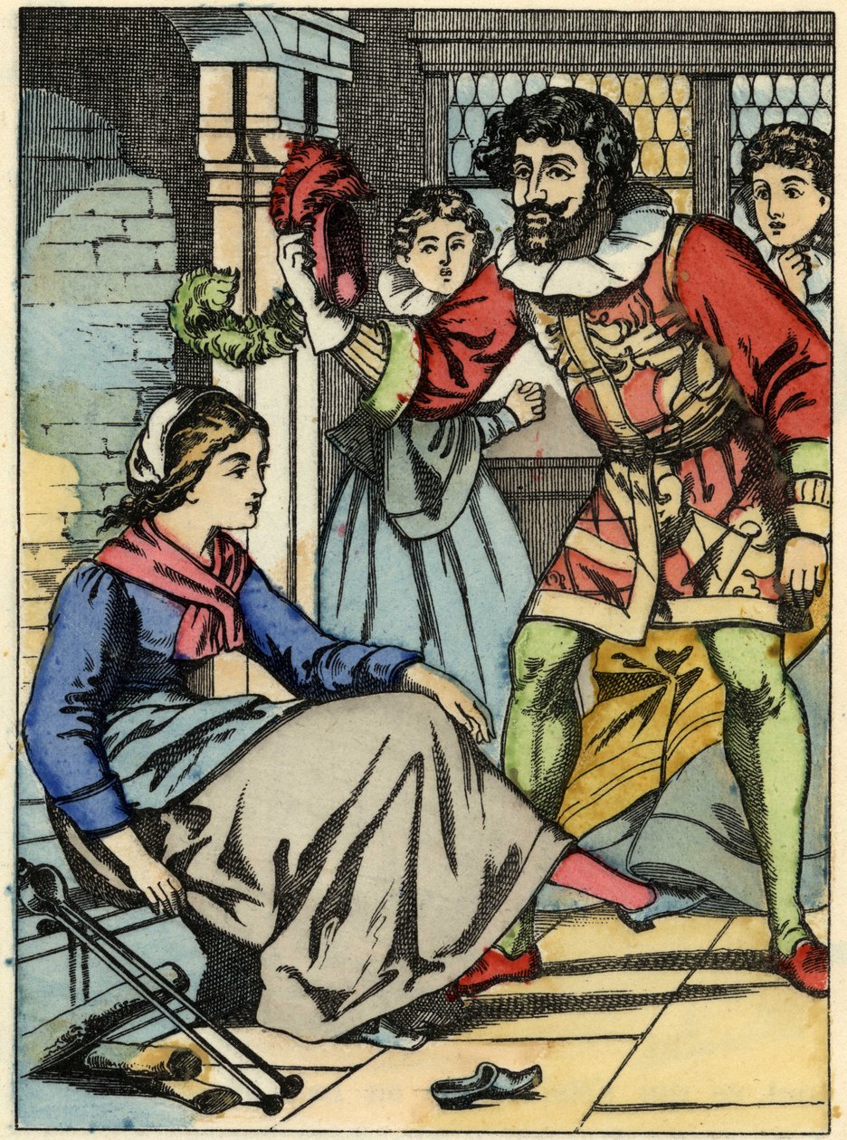 王子様が見つけたガラスの靴を試すシンデレラ。シャルル・ペローの物語「シンデレラ」（La petite slipper de verre）のイラスト。 作： 無名の画家