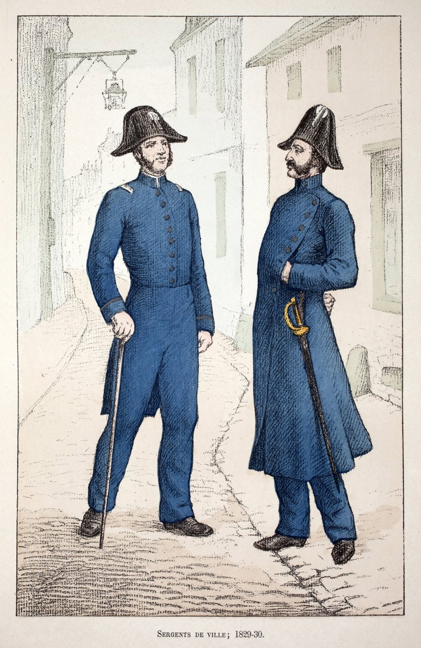市の軍曹（1829年～1830年）。アルフレッド・レイ(1864-?)とルイ・フェロン(1862-?)がセーヌ川の警察官だったルイ・ルピーヌ(1846-1933)の後援で出版した本「平和の戦士たちの歴史」の挿絵のためのカラー・エッチング。 作： 無名の画家