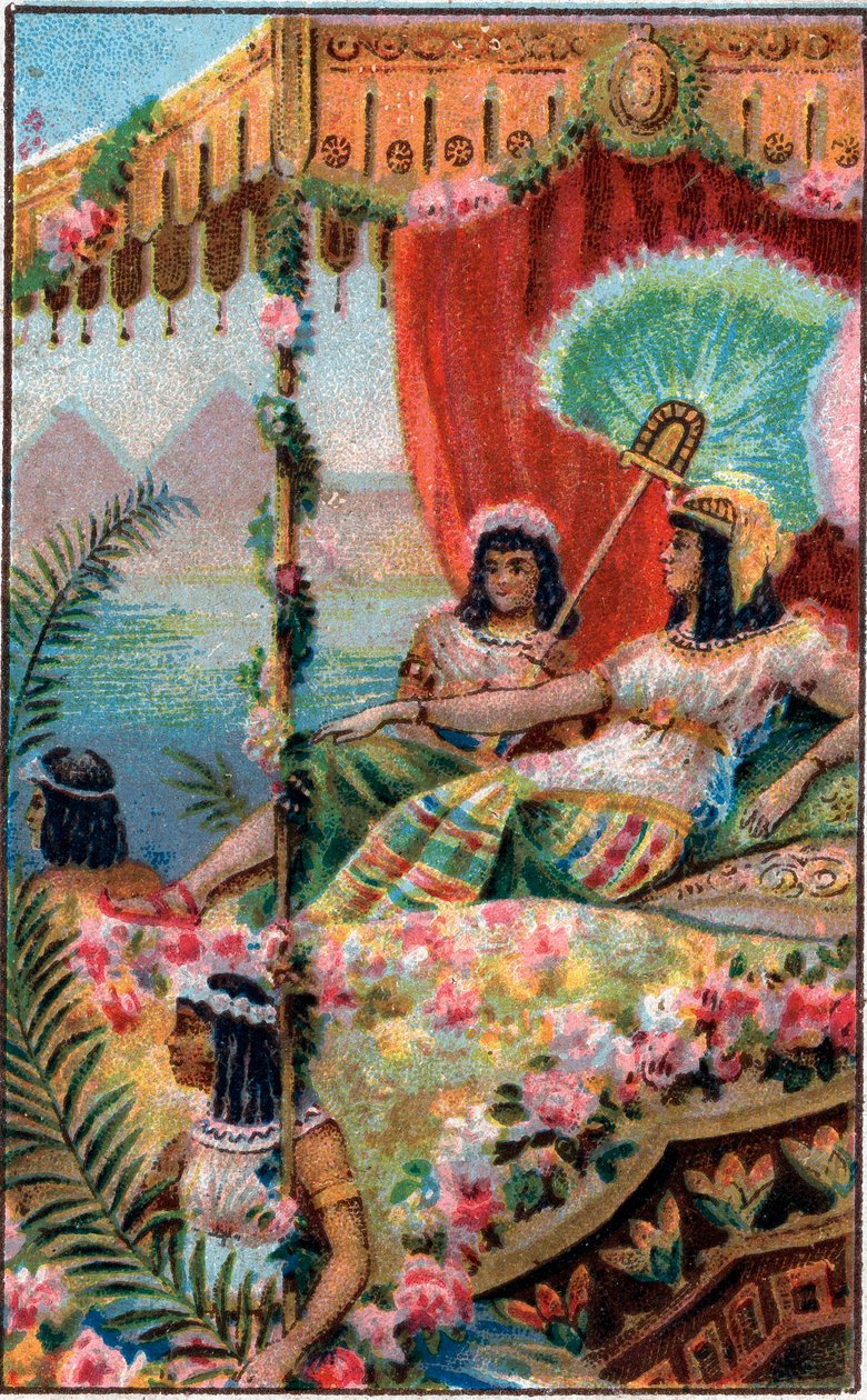 古代エジプトの女王クレオパトルCleopatre VII Thea Philopator（紀元前69-30年）と召使たち - 19世紀末のクロモリトグラフ 作： 無名の画家
