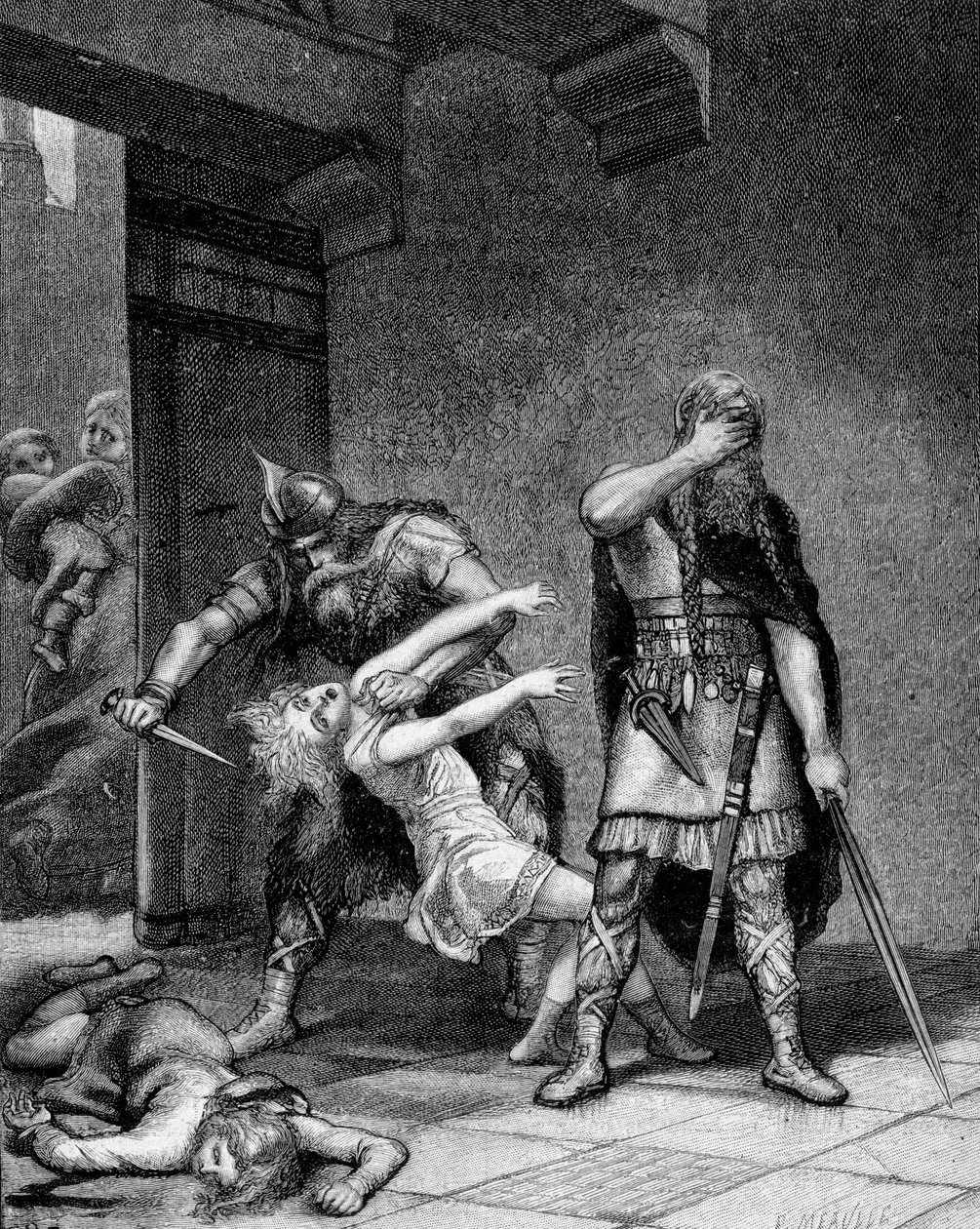 フランク王国の王クロテール（Clothaire）1世（v.497-561）とチルデベール1世は、兄クロドミル（495-524）の2人の息子を殺害した。 作： 無名の画家