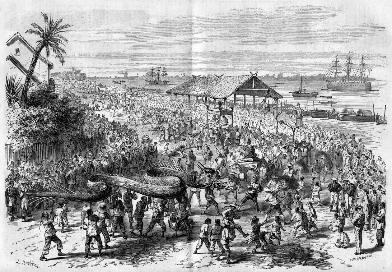 コチンチン：1865年にサイゴンの信徒が組織した毎年恒例の龍の行列。 作： 無名の画家