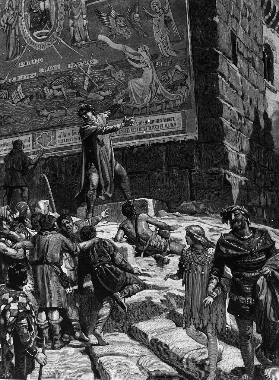 Cola di Rienzo (1314-1354)は、ローマ市民のトリビューンになるためのキャンペーンで、トロイ、エルサレム、カルタゴ、バに囲まれたデカイ海の中でのローマの苦悩を象徴するキャピトルに設置したフレスコ画をローマ市民に説明した。 作： 無名の画家
