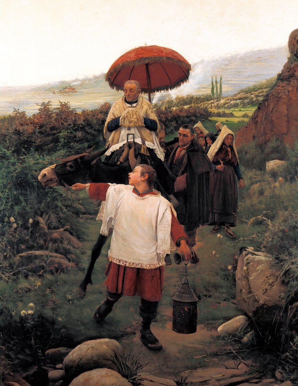 ""Combregar a Muntanya "" 山の中の宗教的なコルテージュ。Mariano VAYREDA VILA(1853-1903)の絵画。スペイン、オロット。Garrotxa Regional Museum。 作： 無名の画家