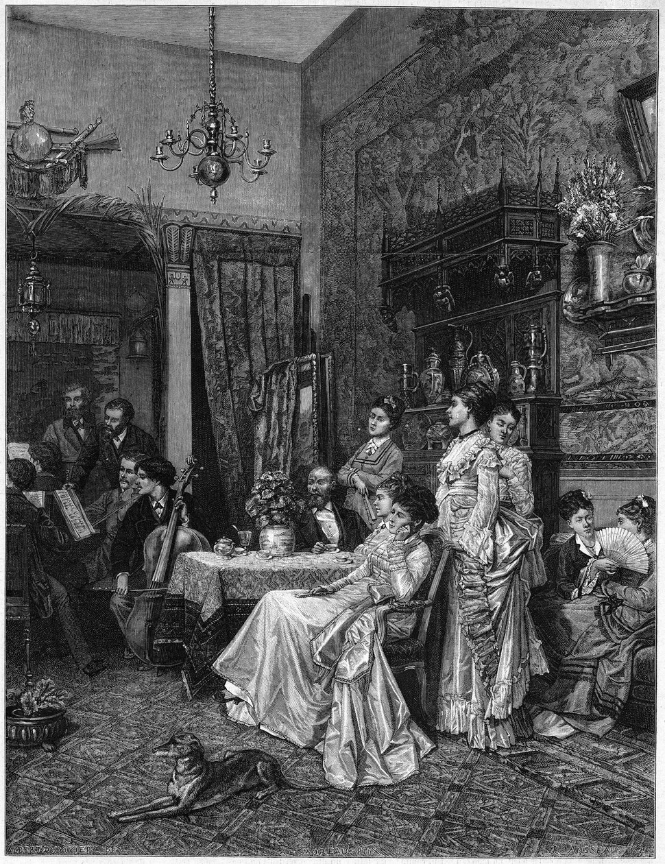 画家のアトリエで行われたアマチュアのコンサート。アドリアン・モロー（1843-1906）が1873年のサロンで発表した絵画の複製。 作： 無名の画家