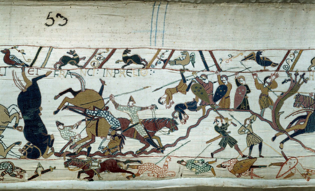 ノルマンディー公ウィリアム征服王（1027-1087）によるイングランド征服（1066年）：ヘイスティングスの戦い バイユー・タペストリーの詳細またはマチルド王妃の刺しゅう 作： 無名の画家