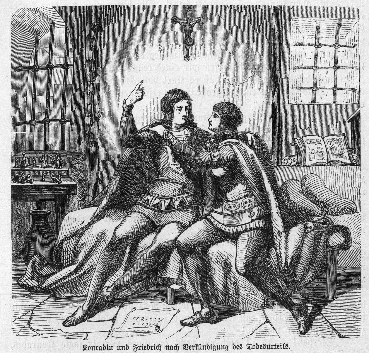 Konradin von Schwaben und Friedrich von Baden werden im Gefängnis in Neapel über ihre Hinrichtung informiert - Konradin von Hohenstaufen, König von Sizilien (Italien) und Jerusalem (Israel) unter dem Namen Konrad. von Unknown artist