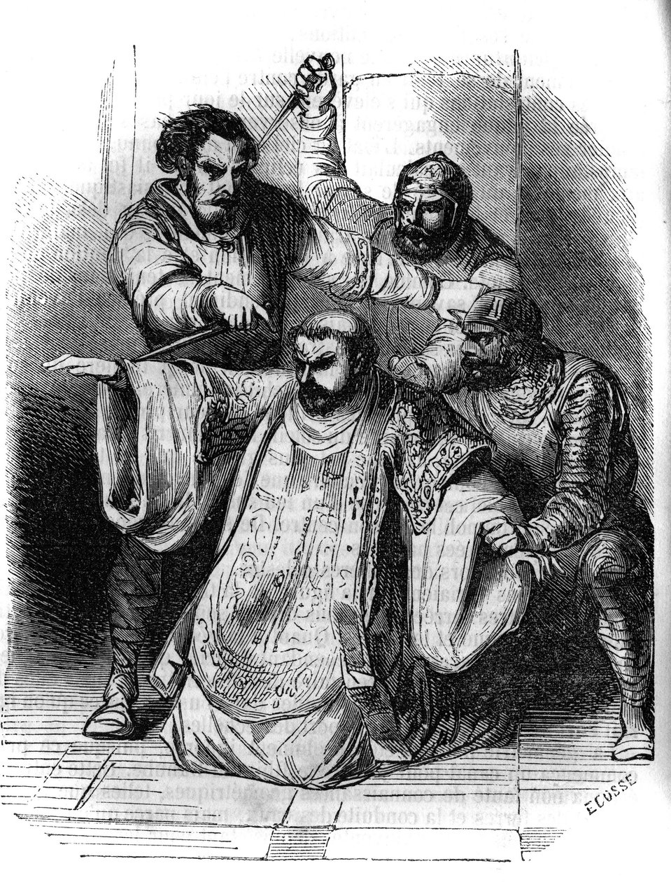 シャルルマーニュの陰謀（792年）：フランク王の殺害を企む陰謀者たちの会話を領主が盗み見る。その中にはシャルルマーニュの息子であるペピン・ザ・ボース（769-811）も含まれている。19世紀のエングレーヴィング。 作： 無名の画家