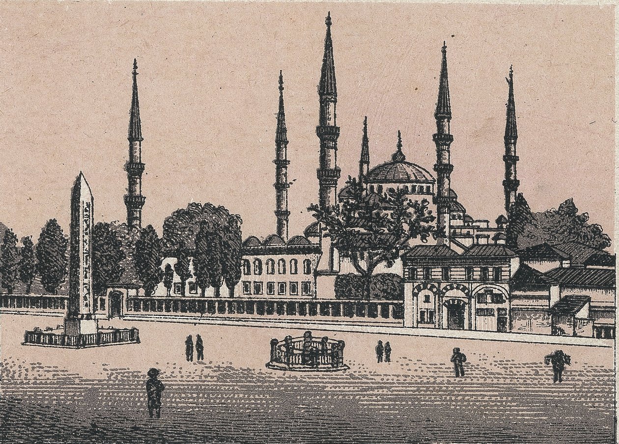 トルコ・コンスタンティノープル：スルタン・アクメドのモスク（Mosque of Sultan Achmed）の風景。『世界図説168景』より 未撮影（19世紀末頃 作： 無名の画家