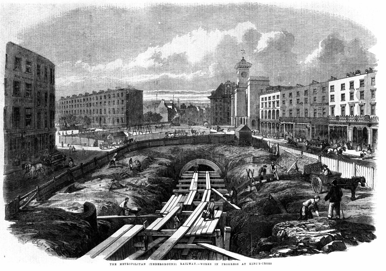 1850年のロンドン地下鉄建設：キングクロスでの作業 作： 無名の画家