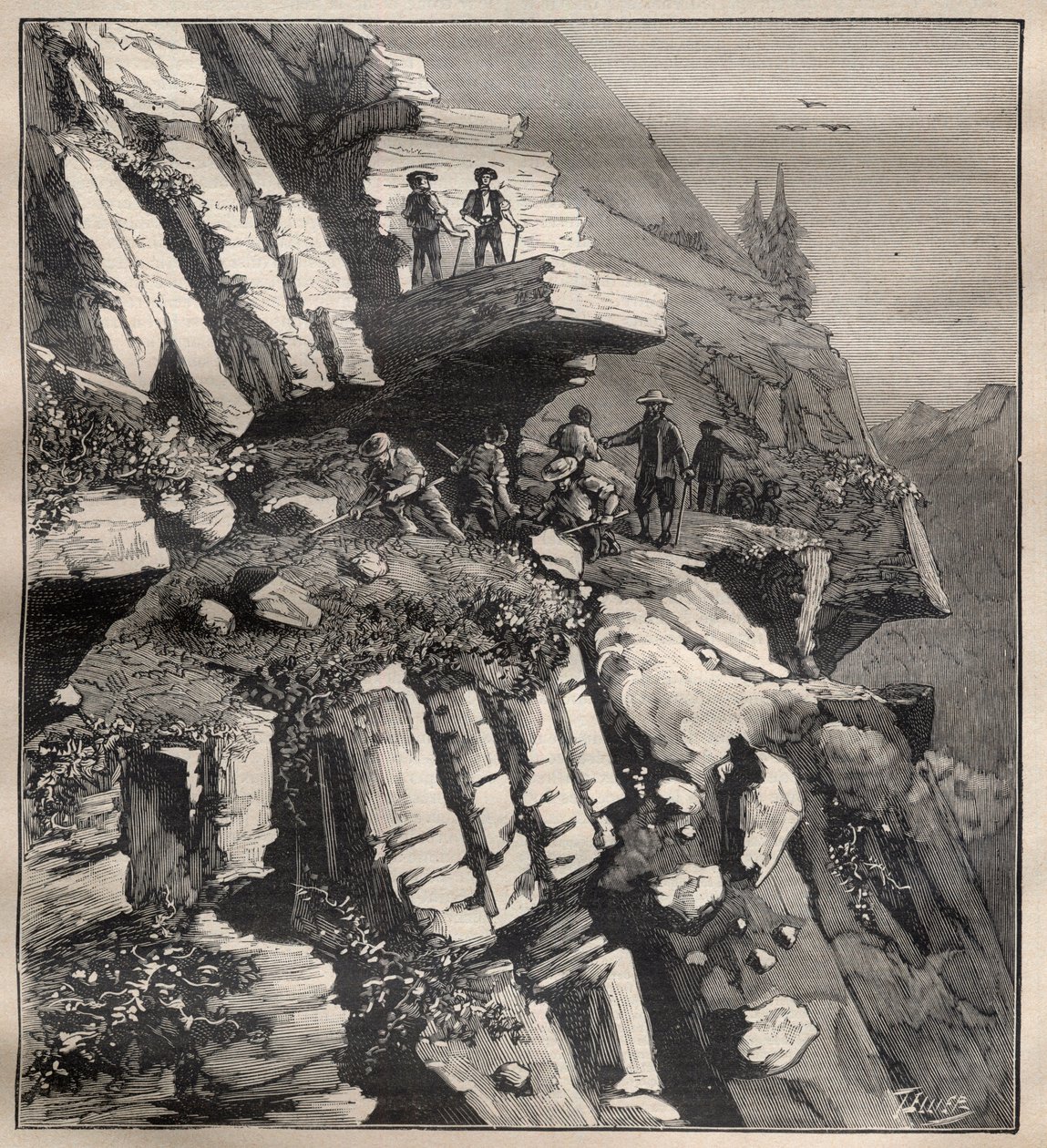 アルプスの山道の建設 - エングレービング "La Science francaise "にて 作： 無名の画家