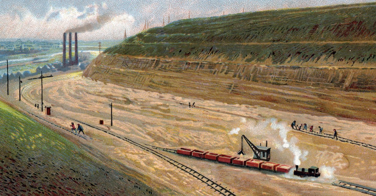 1930年代、ベルギーのリエージュ港とアントワープ港を結ぶアルベール運河の建設（1930年代（30年代）、ベルギーのアントワープとリエージュを結ぶアルベール運河の掘削） Chromolithography 作： 無名の画家