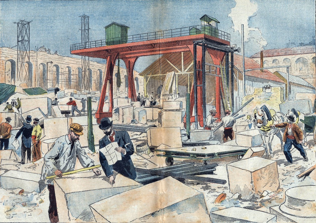 1898年、1900年の万国博覧会に合わせてパリに建設されたグランパレ。中央はダイヤモンドをカットするためのダイヤモンドホイール。7月3日付「ル・ペレラン」掲載のイラスト 作： 無名の画家