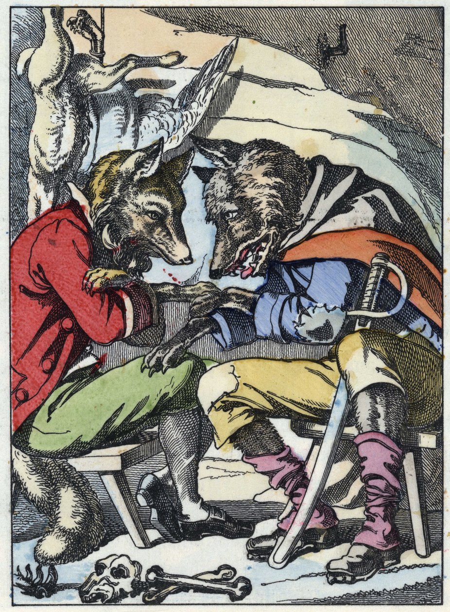 オオカミとキツネの会話。Jean de la Fontaineの寓話に倣った物語「Compere le Loup, Maitre Renard, Comere la Chevre et ses petits biquets」の挿絵。小さな子供たちのための家庭の物語」にて。の匿名のエングレーヴィング。 作： 無名の画家