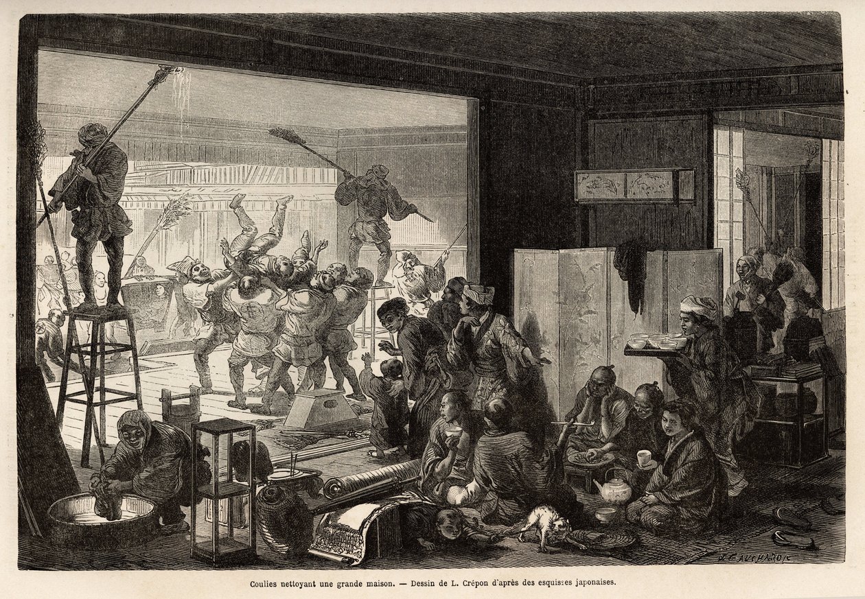 Kulis (Diener) reinigen ein großes Haus für die Neujahrsvorbereitungen, diese Reinigung endet mit freudigen und grotesken Manifestationen: Entfernung desjenigen, der seine Aufgabe schlecht erfüllt hat. Gravur zur Illustration der Reise nach Japan, von Aime von Unknown artist