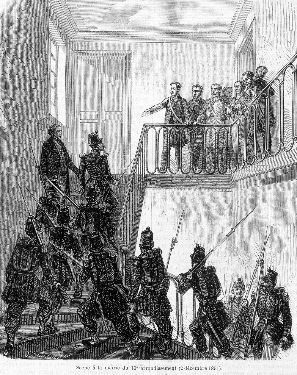 クーデター：1851年12月2日、パリ10区の市庁舎で代議士が逮捕される。 作： 無名の画家