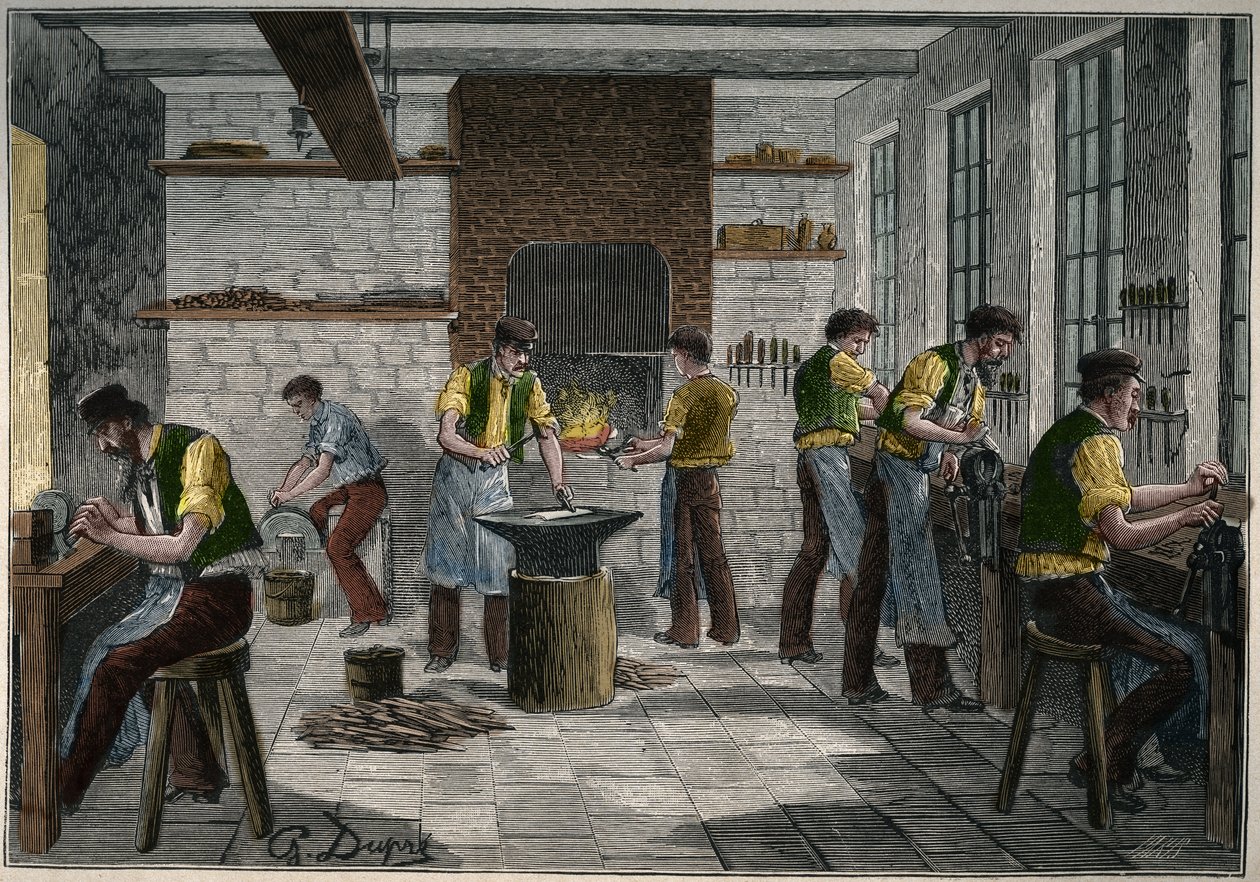 19世紀のフランスの刃物工房。Adolphe BITARDの "Les arts et metiers illustres "に掲載された1885年のエングレーヴィング。 作： 無名の画家