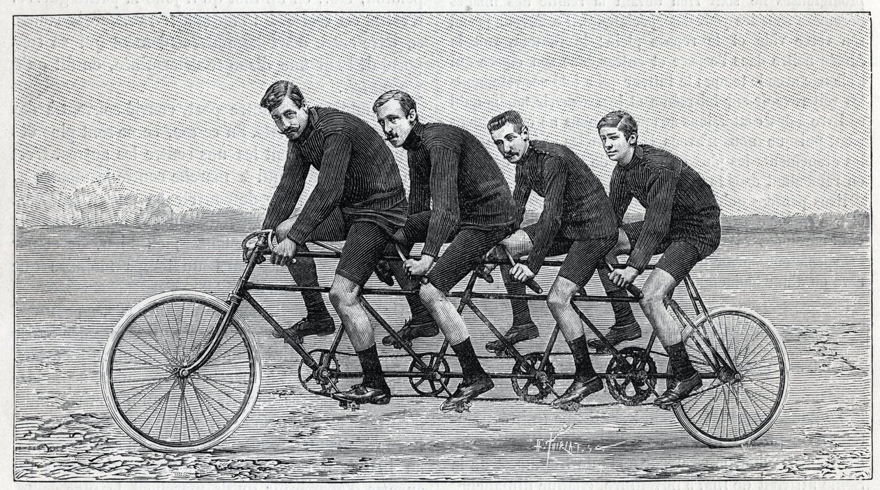 quadruplette gladiator "という自転車に乗ったサイクリスト。"La Nature "に掲載された彫刻 作： 無名の画家