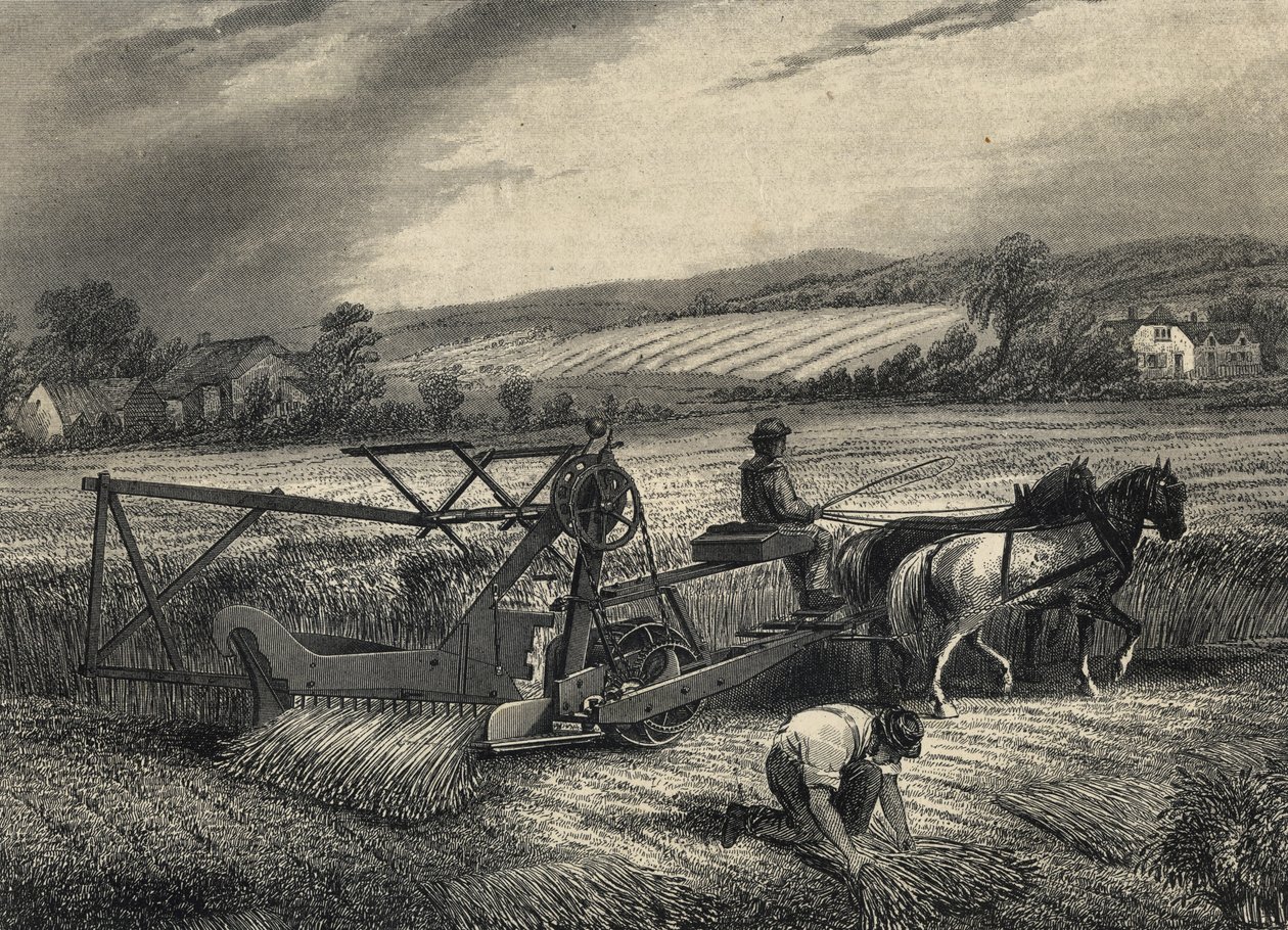 1851年のクリスタル・パレス博覧会に出展された、1831年のサイラス・マコーミックの刈り取り機。 作： 無名の画家