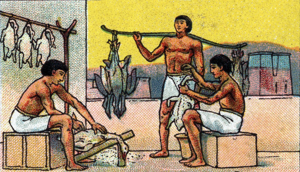 古代エジプトの日常生活：ガチョウの飼育と塩漬けの準備、20世紀初頭（クロモ） 作： 無名の画家