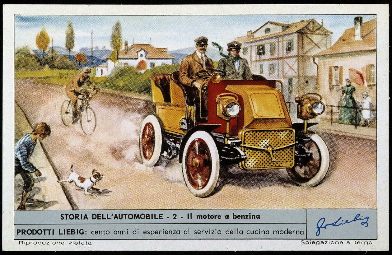 1897年のダイムラー：4シリンダー、4ストローク、20馬力。 作： 無名の画家