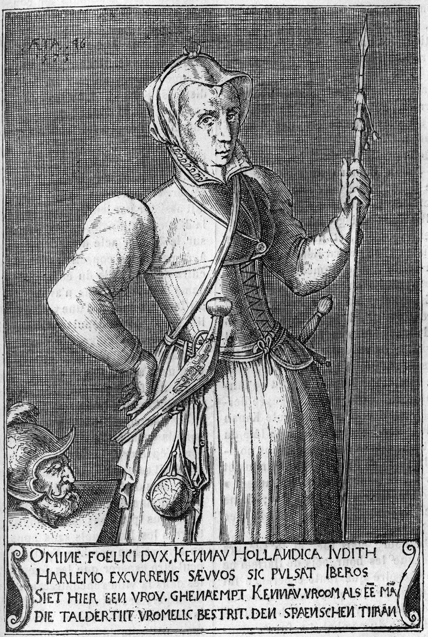 1572年にスペイン人と戦ったハーレム（オランダ）のヒロイン、ケナウ・シモンズドクター・ハッセラー女史（1526-1588）。ホロフェルネのユディットに対比させた17世紀の版画。 作： 無名の画家