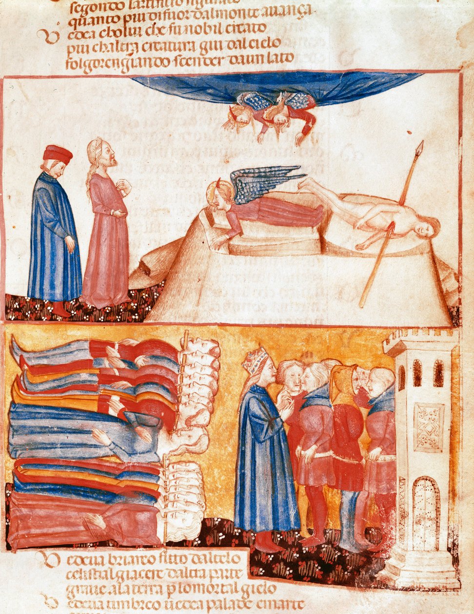 ダンテとヴァージルは、激しく死んだ人々の魂と出会う。ダンテ・アリギエリ(1265-1321)の『ディヴィーナ・コメディア』より、反煉獄の歌を描いたイルミネーションページ。14世紀、ヴェネツィア、ビブリオテカ・マルチャーナ 作： 無名の画家
