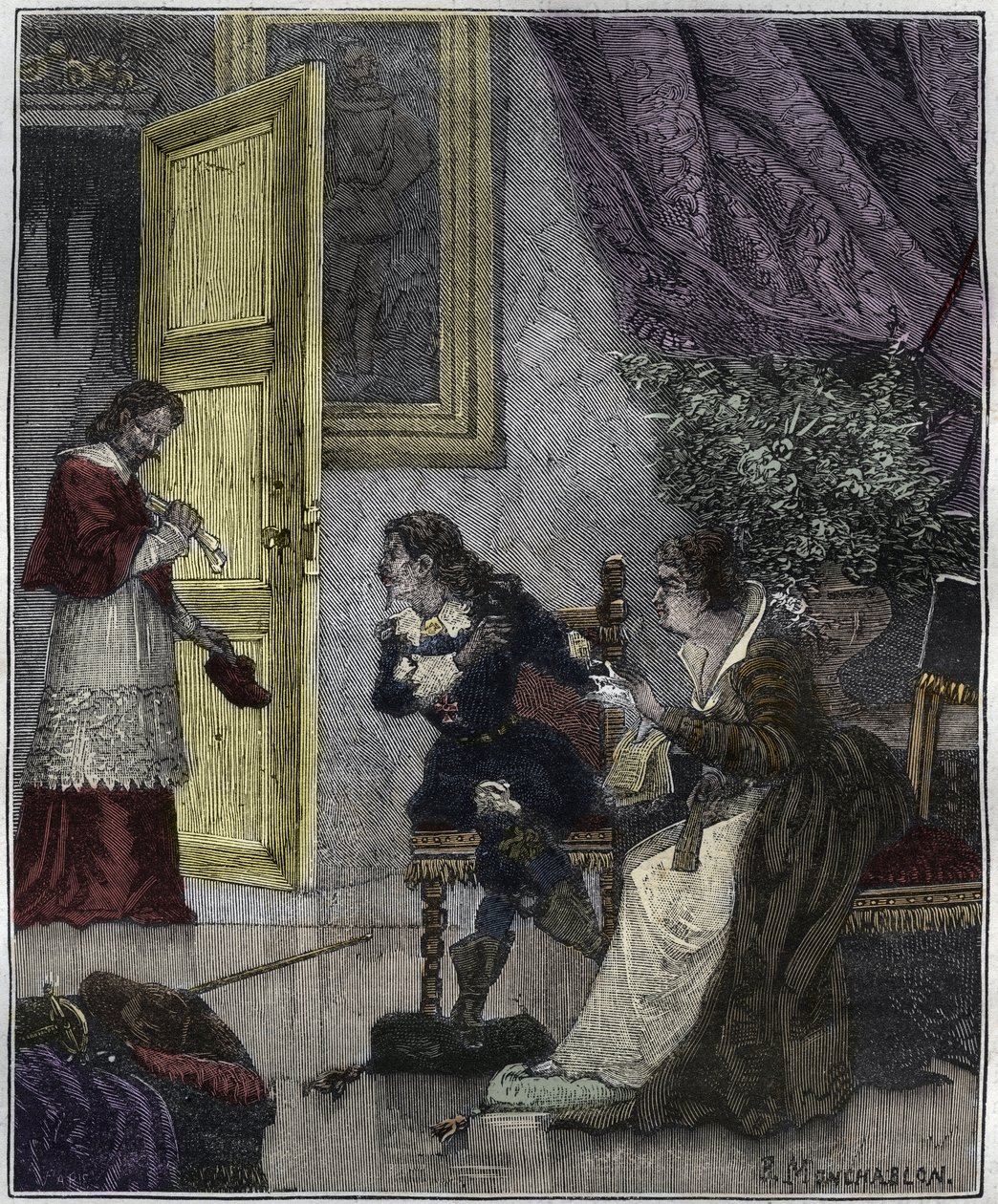 欺かれた者たちの日 - Journee des Dupes 1630年- マリー・ド・メディシスが弁明しているときに、リシュリュー枢機卿が入ってきた-ニーラックの「世紀を越えたパリ」の挿絵 作： 無名の画家
