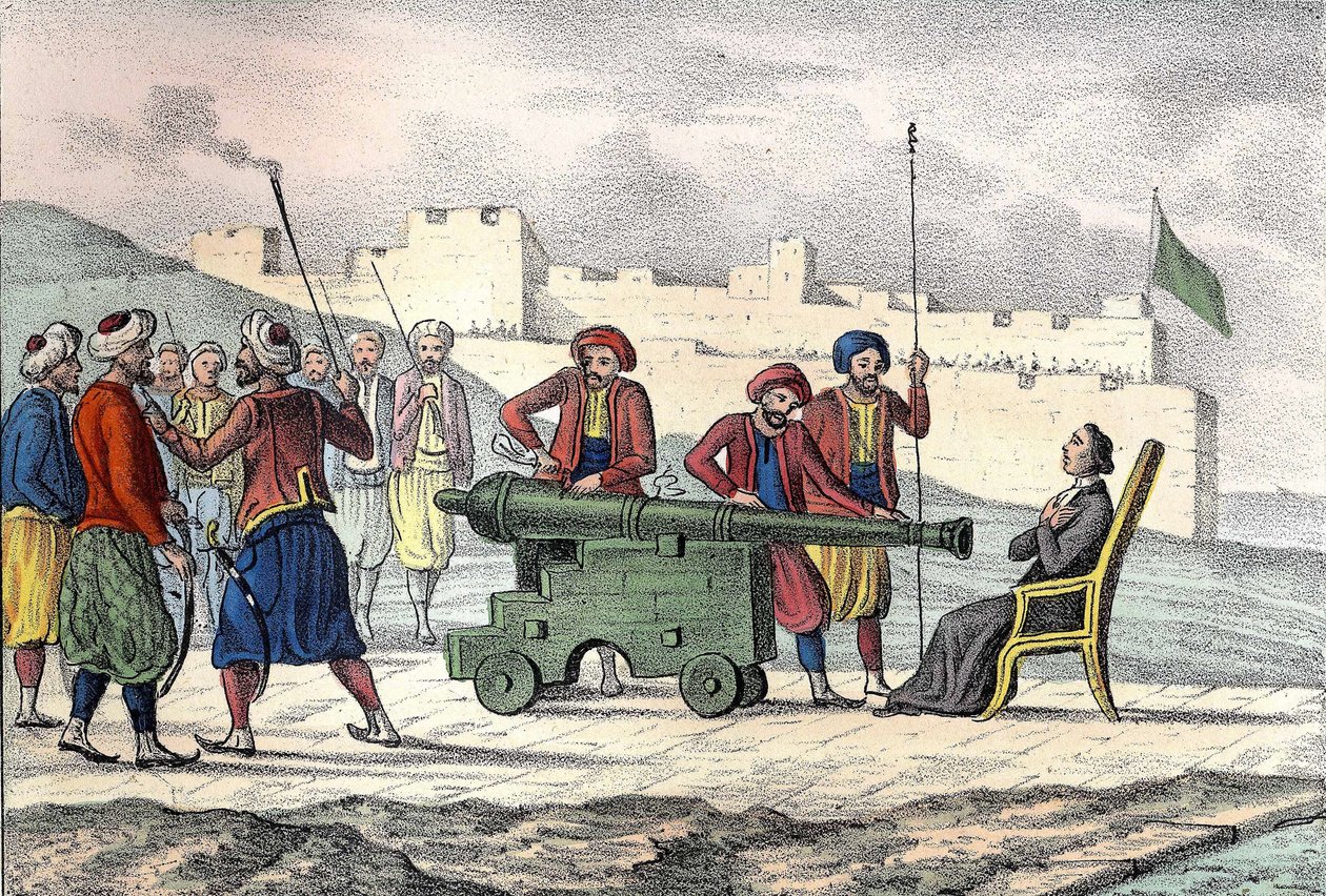 1683年、フランス人宣教師LE VACHER神父（Jean Levacher）のアルジェでの死（Duquesneによるアルジェ爆撃の際）。1846年のイタリア版はカラー。 作： 無名の画家