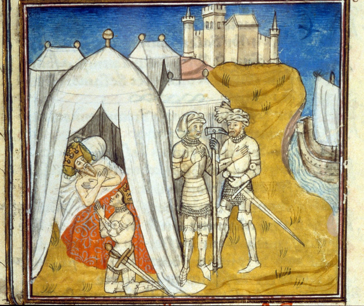 1270年、第8回十字軍遠征中のルイ9世のペストによる死 - ミニチュア 作： 無名の画家
