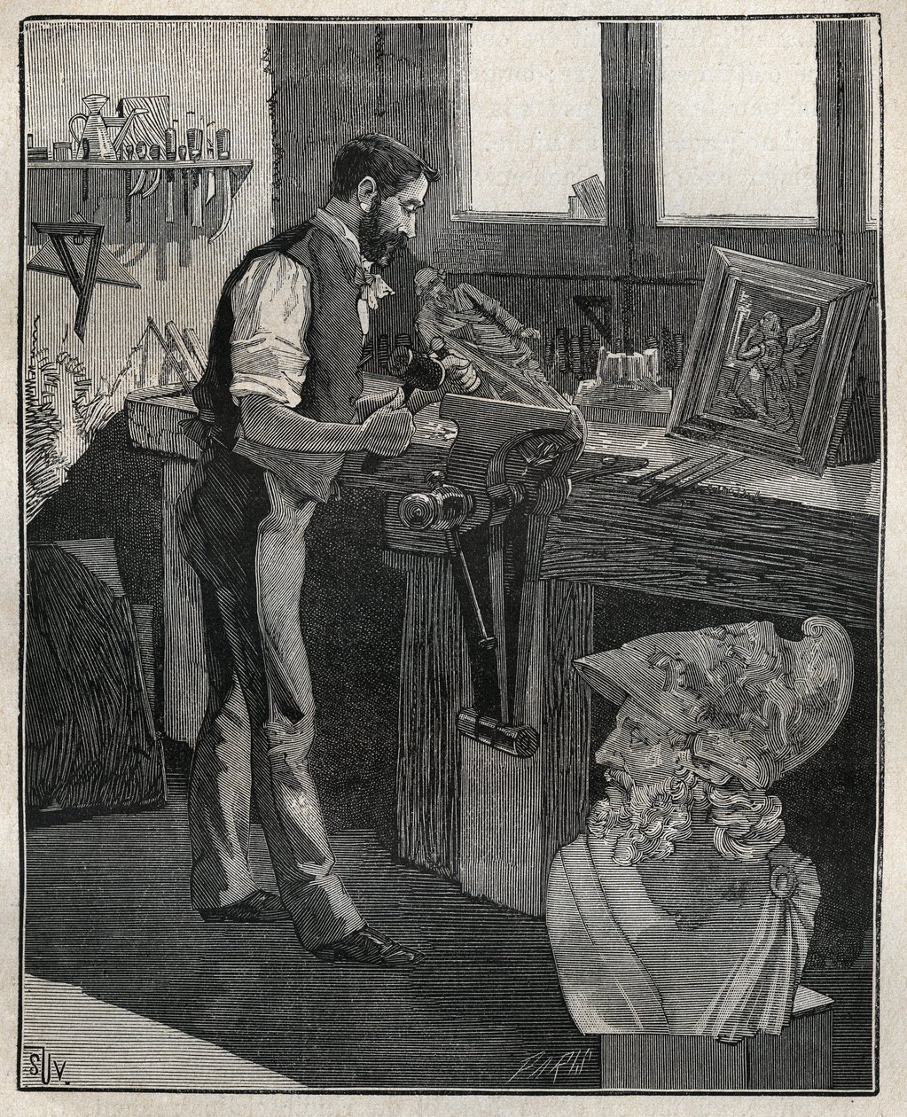 銀器の装飾：ブロンズの鏨（たがね）。Adolphe BITARDの "Les arts et metiers illustres "に掲載された1885年の版画。 作： 無名の画家