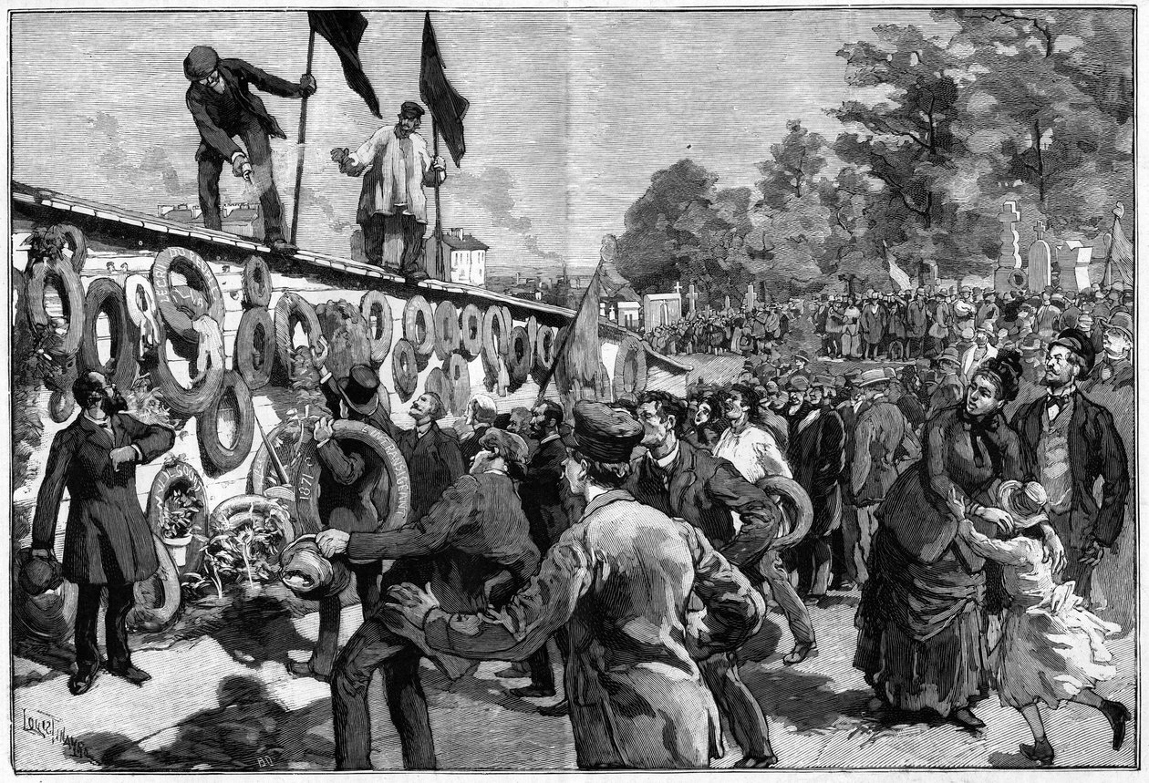 1888年5月27日、ペール・ラシェーズのフェデレの埋葬の前で行われたアナキストのデモ。 作： 無名の画家